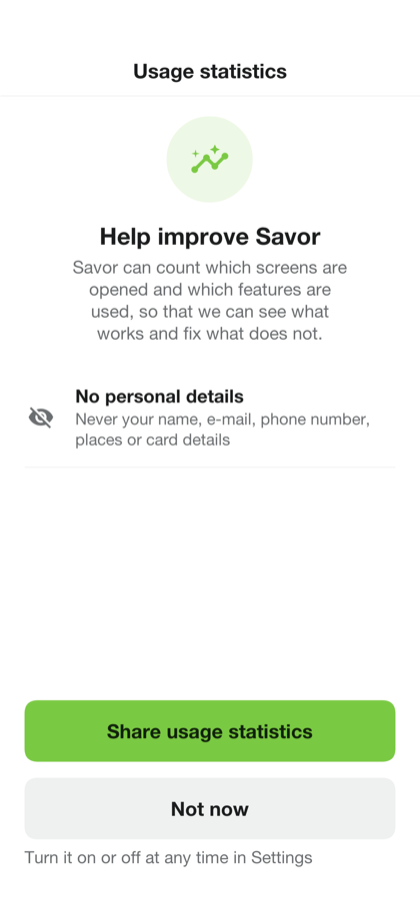 The screen that asks whether to share usage statistics, with a button to share them and a button to decline