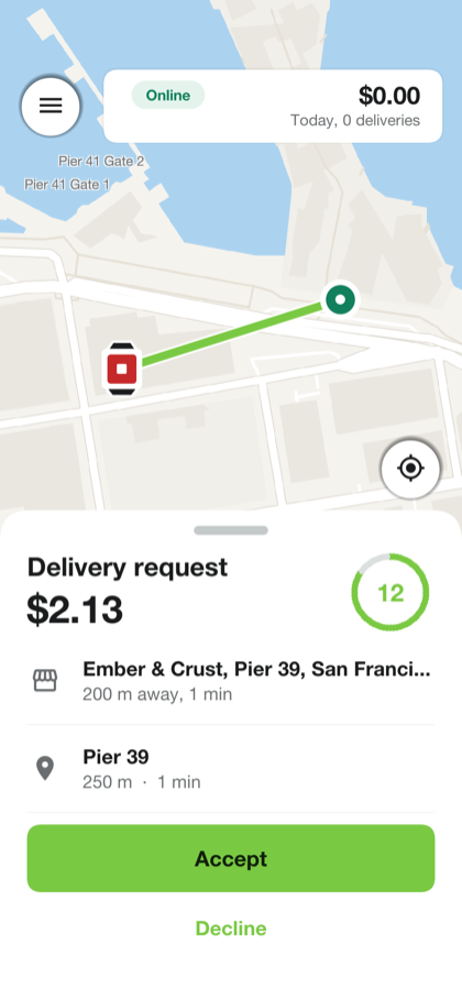 The courier screen with a delivery request: the pay, a countdown, the restaurant and the door, and buttons to accept or decline