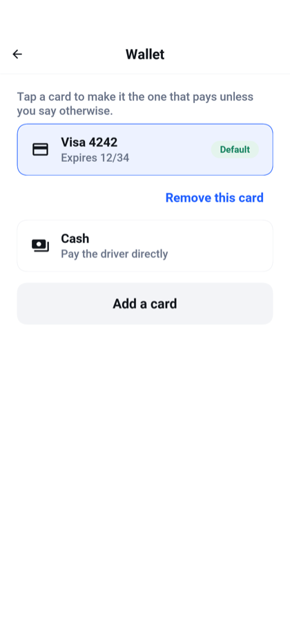 The wallet with one saved card marked as the default, cash, and a button to add a card